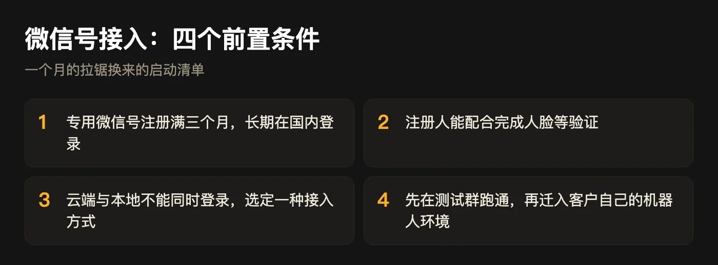 微信号接入四个前置条件：注册满三个月且长期在国内登录、注册人能配合验证、云端与本地不同时登录、先在测试群跑通再迁入客户环境