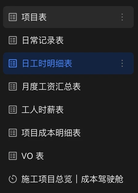 多维表格数据表清单：项目表、日常记录表、日工时明细表、月度工资汇总表、工人时薪表、项目成本明细表、VO 表、施工项目总览成本驾驭舱