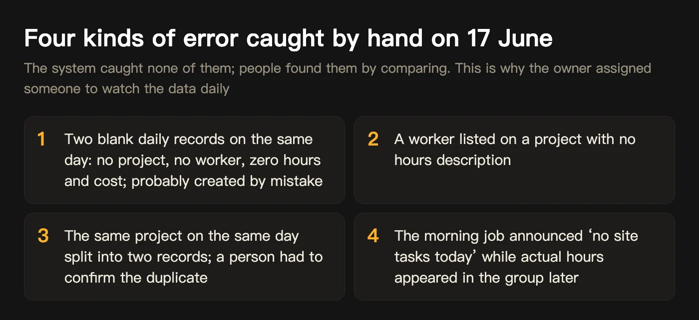 Four kinds of error caught by hand on 17 June: blank records, a worker with no hours, a project split into two records, a ‘no tasks today’ job contradicted by actual hours